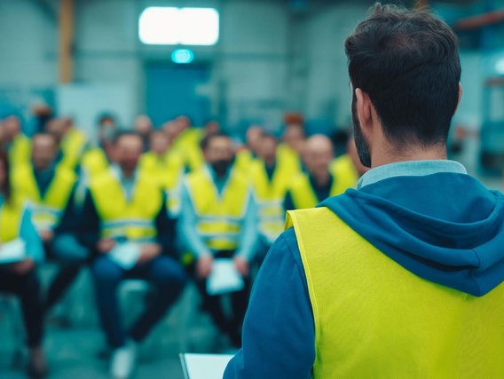Sicherheitsunterweisung für Mitarbeiter in einem Industriebetrieb während einer Arbeitsschutz-Schulung.