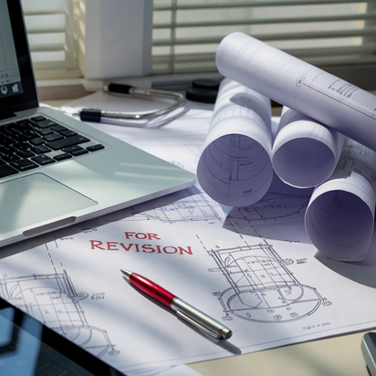 Schreibtisch mit technischen Zeichnungen