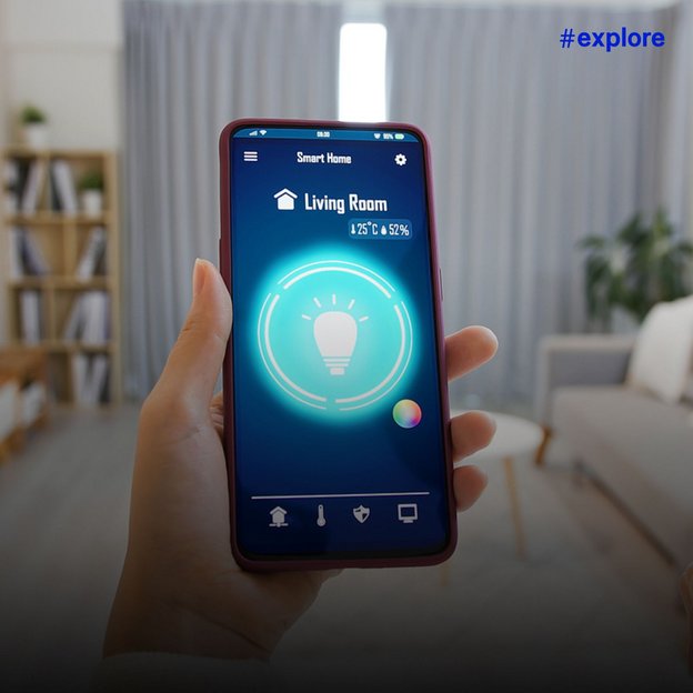 Eine Hand hält ein Smartphone mit einer Smart-Home-App, die Beleuchtungssteuerung für das Wohnzimmer anzeigt. Im Hintergrund ist ein gemütliches Wohnzimmer zu sehen.