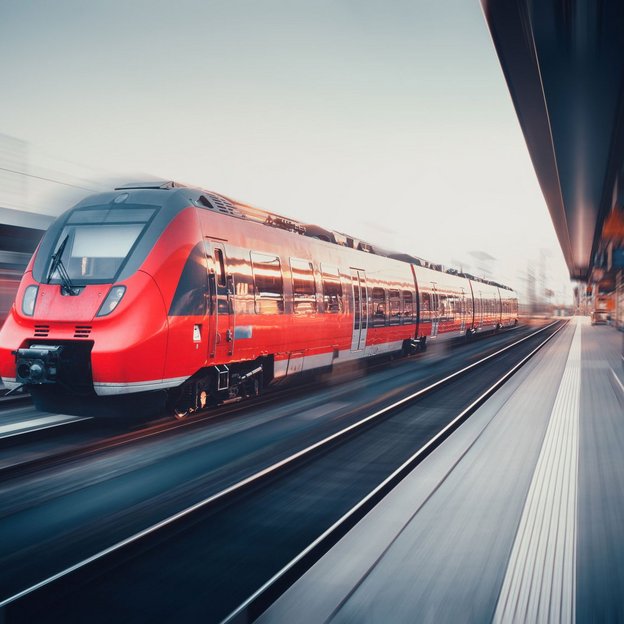 Roter Zug in Bewegung auf einem Bahnhof