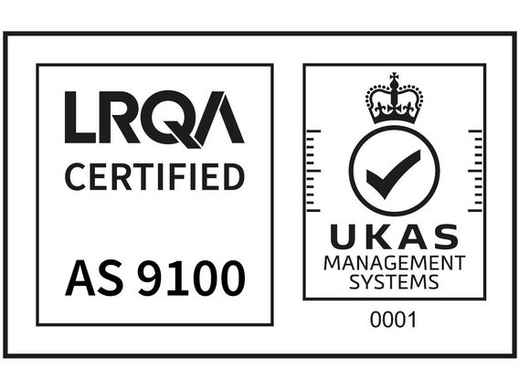 Zertifizierungslogos von LRQA und UKAS für AS 9100 Managementsysteme.