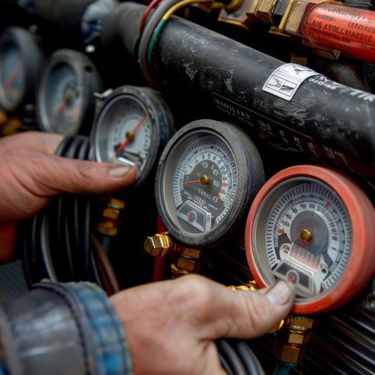 Hände justieren Manometer an einem pneumatischen System