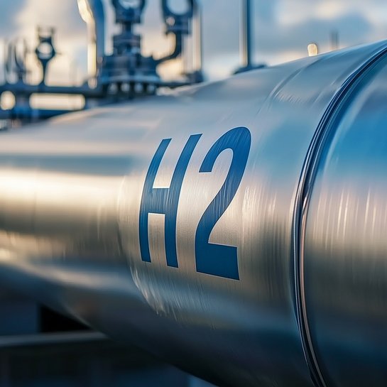 Großaufnahme einer glänzenden H₂-Pipeline im Industrieumfeld