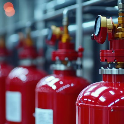 Feuerlöscher stehen nebeneinander zur Überprüfung bereit