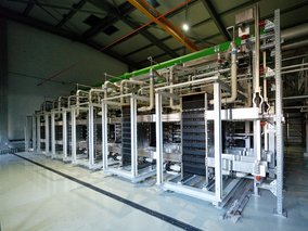 Eine Industrieanlage mit grünen und weißen Rohren, vermutlich eine Verarbeitungsanlage mit modularen Rahmen in einer Werkshalle.
