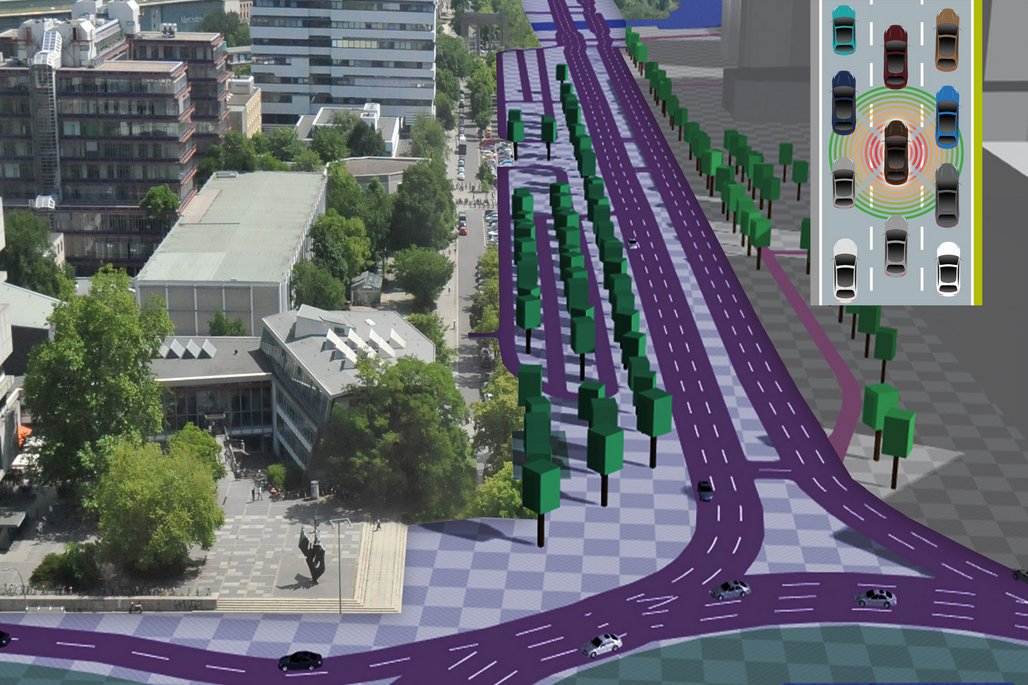 Eine geteilte Darstellung zeigt links eine reale Stadtansicht und rechts eine digitale Visualisierung autonomer Fahrzeuge mit Sensordaten. Die Grafik illustriert die Zukunft intelligenter Mobilität und vernetzter Verkehrssysteme.