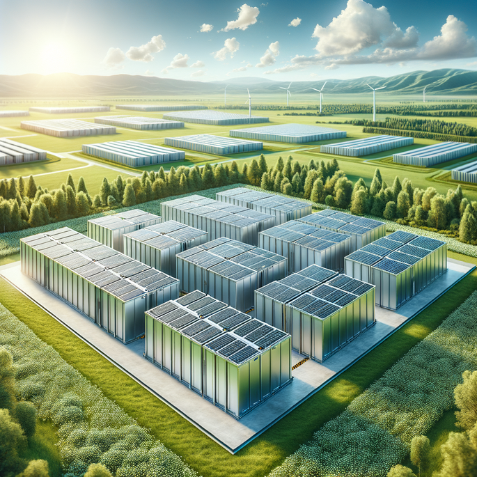 An expansive energy storage facility featuring multiple modular units covered with solar panels. The facility is surrounded by green fields and trees, with wind turbines visible in the background. The sun shines brightly in the sky.