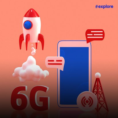 3D-Grafikillustration mit rot-weißer Rakete, die über dem Text "6G" startet, daneben ein blaues Smartphone mit Sprechblasen und einem Funkturm auf orangefarbenem Hintergrund. Das Bild symbolisiert die nächste Generation der Mobilfunktechnologie und ultraschnelle Kommunikation.