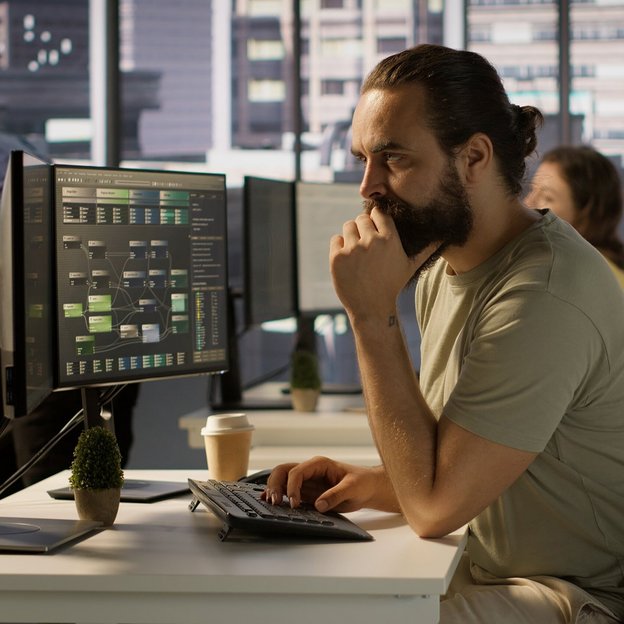 Mann mit Bart arbeitet fokussiert am Computer mit Datenvisualisierung auf dem Monitor im modernen Büro