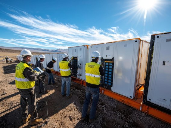 Technische Inspektion eines Batteriespeichersystems für ein Energieinfrastrukturprojekt.