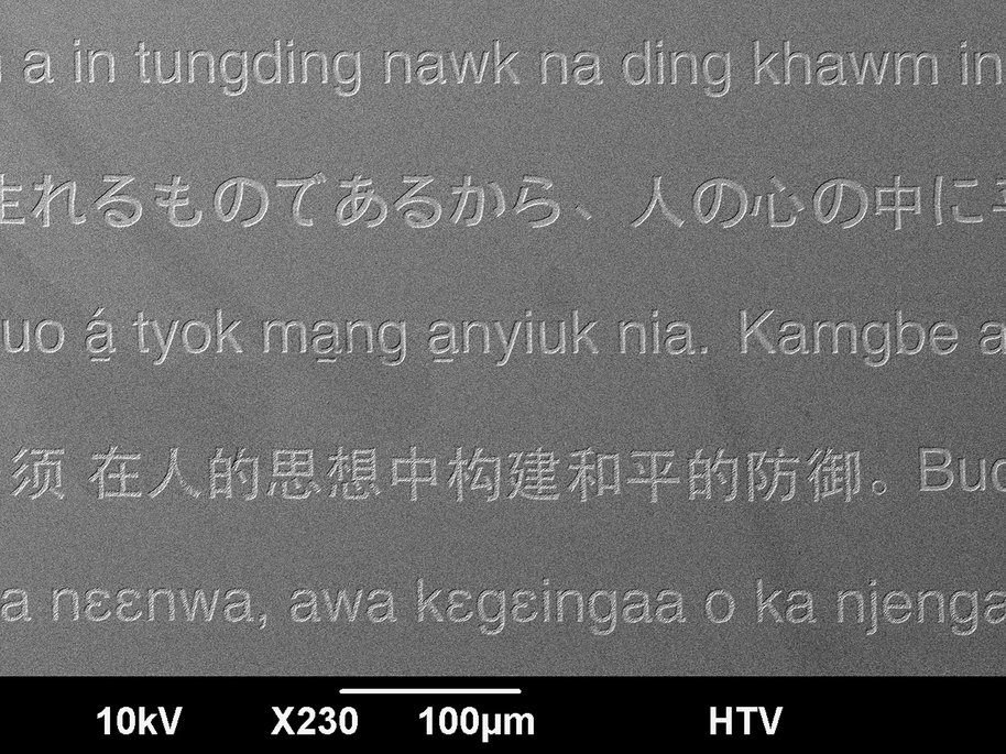 Nahaufnahme einer gravierten Oberfläche mit Text in verschiedenen Sprachen. Die Gravur zeigt eine Botschaft, die in mehreren Sprachen verfasst ist, darunter asiatische und afrikanische Schriftzeichen. Unten im Bild sind technische Details wie "10kV", "X230", "100µm" und "HTV" zu sehen.