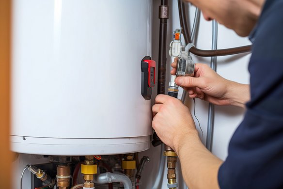 Techniker prüft Heizungsanlage mit einem Durchflussmesser und führt eine Wartung durch