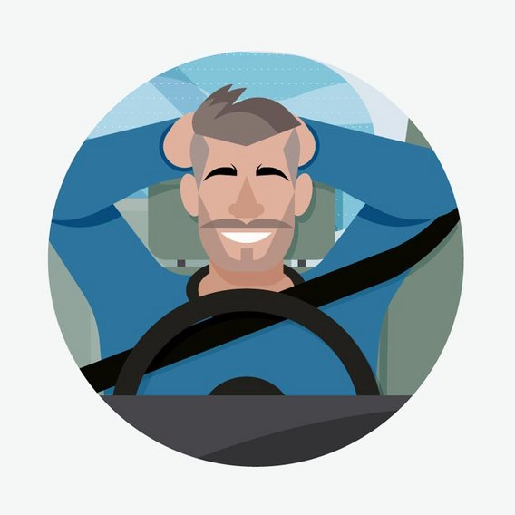  Illustration eines lächelnden Mannes mit Bart am Steuer eines Autos. Er trägt eine blaue Jacke und der Sicherheitsgurt ist sichtbar.