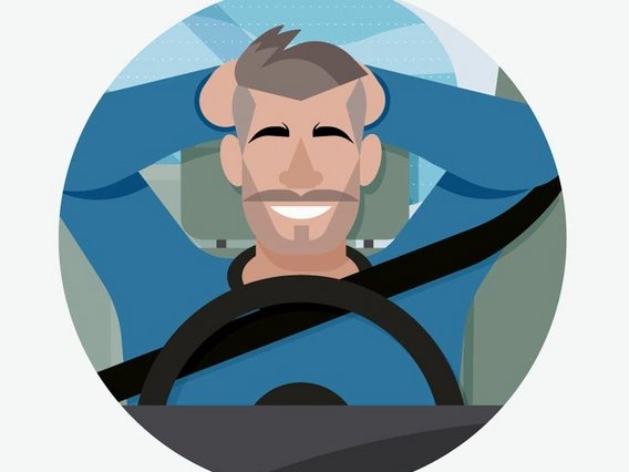  Illustration eines lächelnden Mannes mit Bart am Steuer eines Autos. Er trägt eine blaue Jacke und der Sicherheitsgurt ist sichtbar.