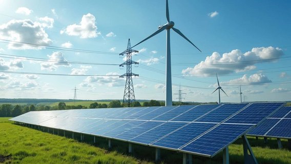 Solar- und Windenergieanlagen in einer grünen Landschaft, Symbol für Sektorkopplung und nachhaltige Energievernetzung mit TÜV NORD.