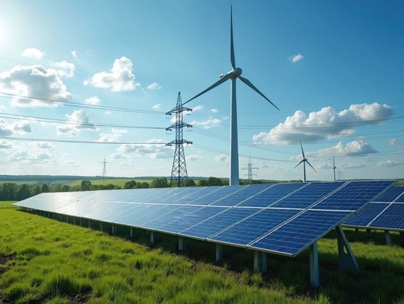 Sektorkopplung Solar- und Windenergieanlagen in einer grünen Landschaft, Symbol für Sektorkopplung und nachhaltige Energievernetzung mit TÜV NORD.