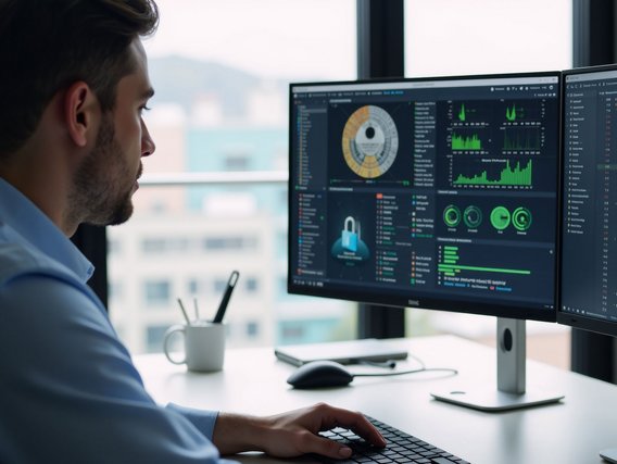 IT-Spezialist bei der Analyse von Daten auf zwei Monitoren