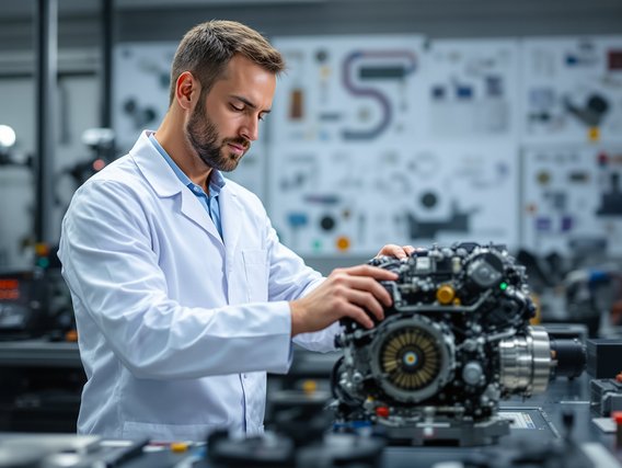 Motorenprüfung durch Ingenieur im Labor Ingenieur bei der Motorenprüfung im Labor