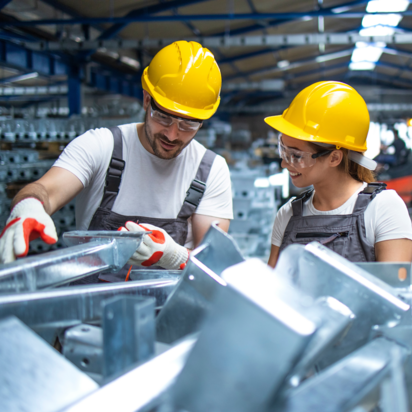 Zwei Mitarbeitende besprechen Prüfpflichten an einer Maschine.