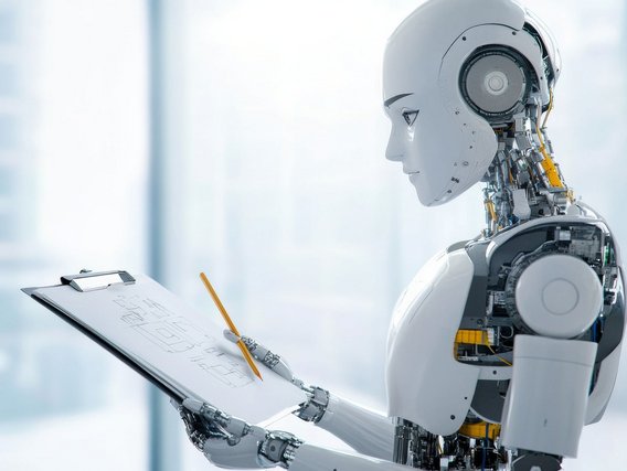 Roboter mit humanoider Form hält ein Klemmbrett und einen Stift in den Händen