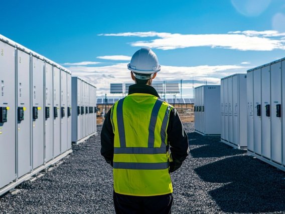 Energiespeicheranlage im Freien Techniker inspiziert modulare Energiespeicheranlage im Freien