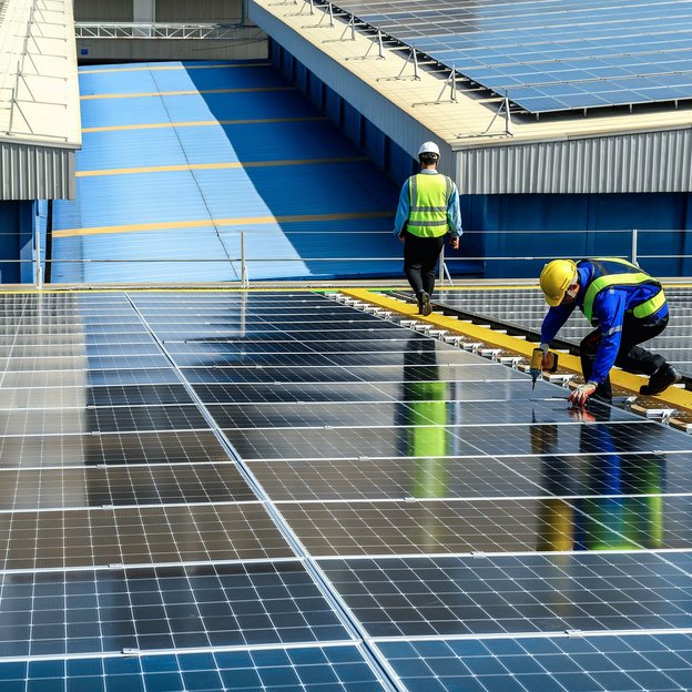 Zwei Arbeiter installieren oder warten Photovoltaikmodule auf einem Flachdach.
