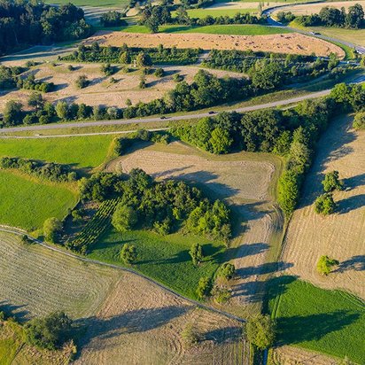 Eine Luftaufnahme zeigt Felder, Wiesen, Bäume und einen geschwungenen Straßenverlauf in einer ländlichen Umgebung.
