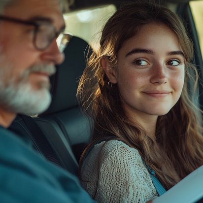 Fahrprüfung im Auto mit Fahrprüfer und Fahrschülerin