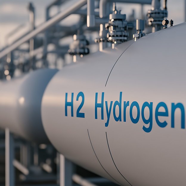 Nahaufnahme einer Wasserstoff-Pipeline mit der Aufschrift "H2 Hydrogen" im Industrieumfeld
