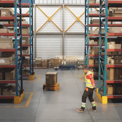 Lagerarbeiter geht durch Lager, während ein Transportroboter mit Karton eine markierte Gasse entlangfährt.