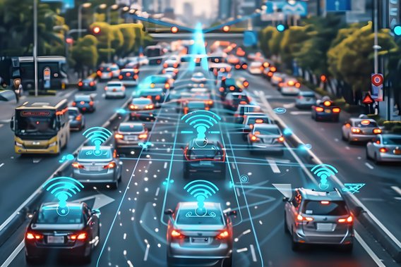 Stadtverkehr mit Autos, die durch digitale Netzwerksymbole verbunden sind.