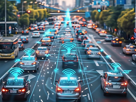 Stadtverkehr mit Autos, die durch digitale Netzwerksymbole verbunden sind.