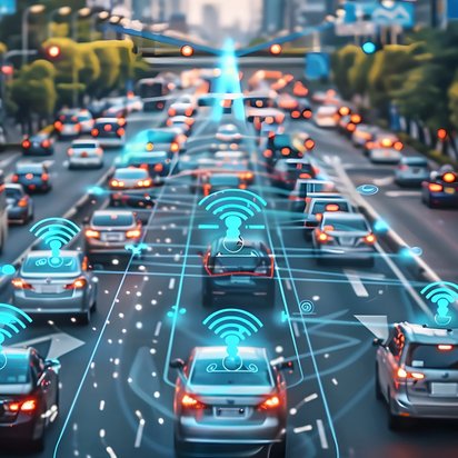 Stadtverkehr mit Autos, die durch digitale Netzwerksymbole verbunden sind.