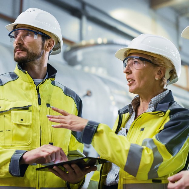 Fachkräfte in Schutzkleidung mit Helm und Tablet besprechen eine Situation in einer Industrieanlage