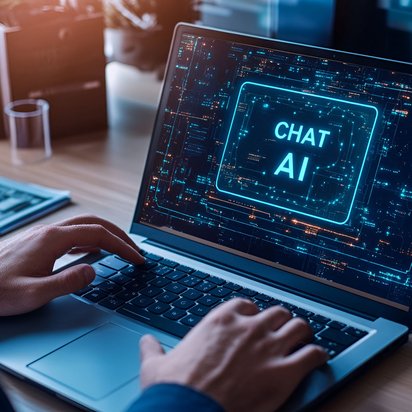 Person arbeitet an einem Laptop mit künstlicher Intelligenz (AI) auf dem Bildschirm.