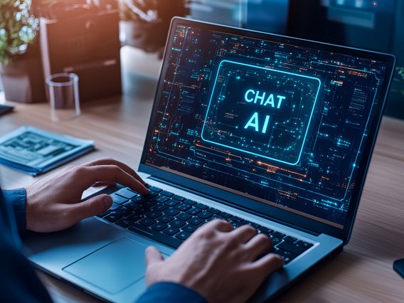 Künstliche Intelligenz im Einsatz – Arbeiten mit modernen AI-Systemen. Person arbeitet an einem Laptop mit künstlicher Intelligenz (AI) auf dem Bildschirm.
