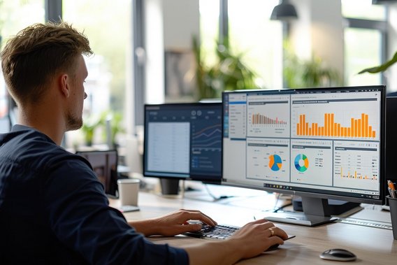 Mann analysiert Daten auf zwei Monitoren mit Diagrammen und Statistiken in einem modernen Büro.
