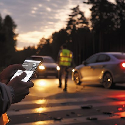Unfallaufnahme mit Smartphone auf einer Straße bei Dämmerung