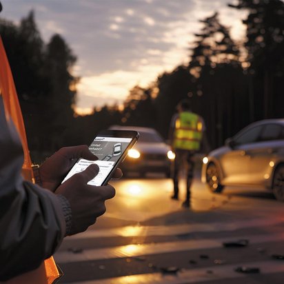 Unfallaufnahme mit Smartphone auf einer Straße bei Dämmerung