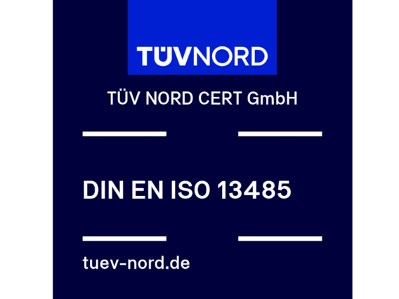 TÜV NORD test mark for DIN EN ISO 13485, confirming compliance with quality management standards for medical devices