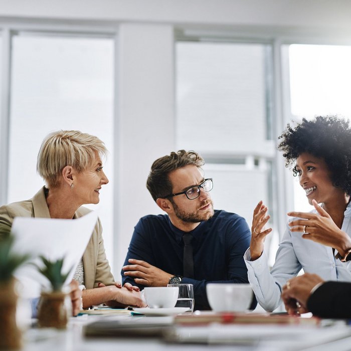 Fünf Personen im Meeting – symbolisiert individuelle Weiterbildungsangebote für Unternehmen durch TÜV NORD Akademie