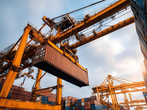 Containerbrücke beim Verladen eines Containers in einem modernen Containerterminal. Copyright: Adobe Stock
