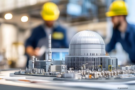 Miniaturmodell eines Kernkraftwerks im Ingenieurbüro mit Technikern im Hintergrund