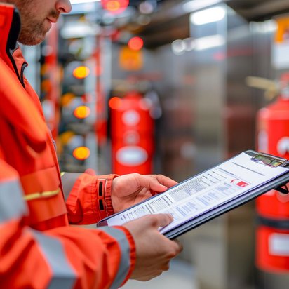 Brandschutz Techniker prüft Brandschutzanlagen in industrieller Produktionsumgebung