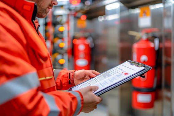 Brandschutz Techniker prüft Brandschutzanlagen in industrieller Produktionsumgebung