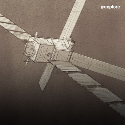 Technische Bleistiftzeichnung zeigt Raumstation mit Solarpaneelen und angedockte Rakete im Weltraum.