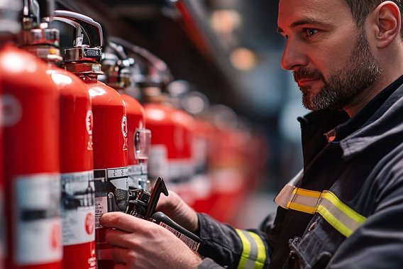 Brandschutzhelfer-Unterweisung – Schulung für eine sichere Brandbekämpfung Mann in Feuerwehruniform überprüft Feuerlöscher in einer Lagerhalle.