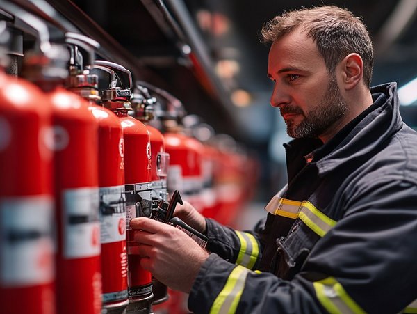 Mann in Feuerwehruniform überprüft Feuerlöscher in einer Lagerhalle.