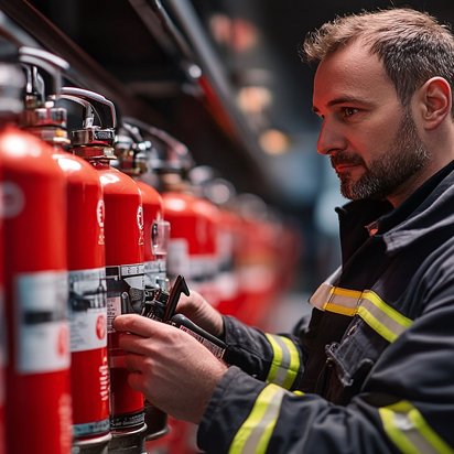 Brandschutzhelfer-Unterweisung – Schulung für eine sichere Brandbekämpfung Mann in Feuerwehruniform überprüft Feuerlöscher in einer Lagerhalle.