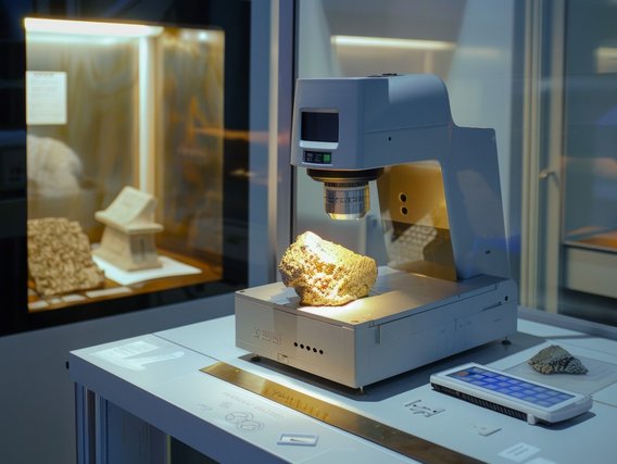 Archäologischer Fund wird unter einem bildgebenden Analysegerät untersucht – Anwendung digitaler Archäometrie im Kulturbereich